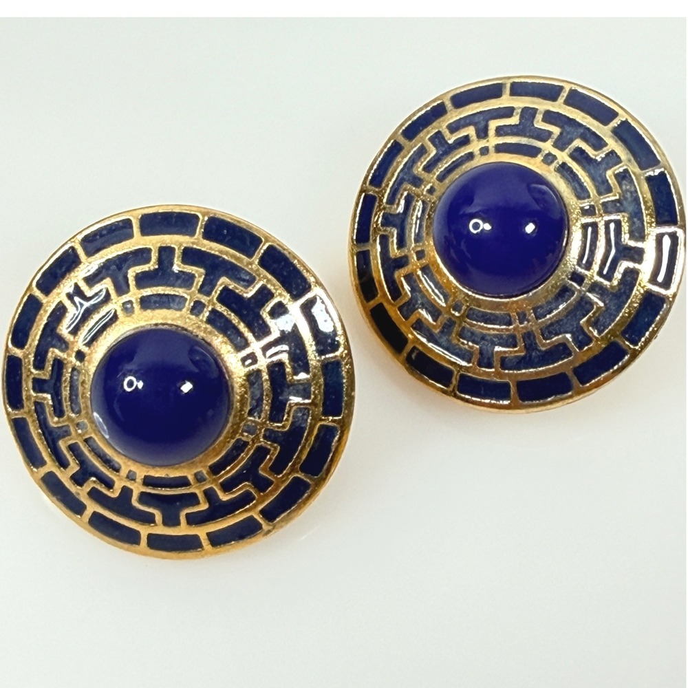 MFA Museum of Fine Arts Earrings Clip On Blue Enamel Greek Key Egyptian Inspired
